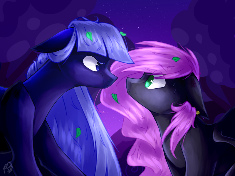 Size: 2828x2121 | Tagged: safe, artist:prettyshinegp, derpibooru import, oc, oc:deep sky, oc:elly, unofficial characters only, bat pony, earth pony, pony, duo, earth pony oc, eye contact, female, floppy ears, image, leaf, leaves, looking at each other, looking at you, mare, png, story included