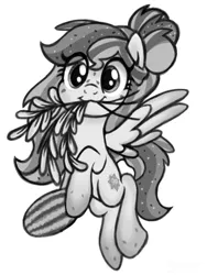 Size: 768x1024 | Tagged: safe, artist:sjart117, derpibooru import, oc, oc:watermelana, unofficial characters only, pegasus, pony, :3, female, flying, food, freckles, gradient hooves, herbs, hoof hold, image, looking at you, mare, monochrome, mouth hold, pegasus oc, png, simple background, solo, watermelon, white background, wings