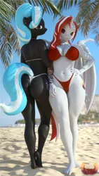 Size: 4320x7680 | Tagged: suggestive, artist:loveslove, derpibooru import, oc, oc:lovers, unofficial characters only, anthro, bat pony, bat pony unicorn, hybrid, plantigrade anthro, unicorn, 3d, absurd file size, absurd resolution, ass, barefoot, bat ears, bat pony oc, bat wings, beach, belly button, bikini, bikini bottom, bikini top, blurry background, breasts, busty oc, butt, clothes, duo, duo female, feet, female, folded wings, hand on hip, horn, image, looking at you, nail polish, outdoors, palm tree, png, sand, smiling, smiling at you, swimsuit, tail, tattoo, toenail polish, tree, unicorn oc, wings