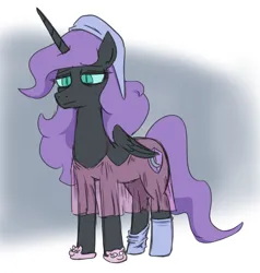 Size: 536x562 | Tagged: safe, artist:jargon scott, derpibooru import, oc, oc:nyx, unofficial characters only, alicorn, pony, alicorn oc, clothes, female, hat, horn, image, lidded eyes, mare, nightcap, nightgown, png, see-through, sleepy, slippers, socks, solo, tired, wings