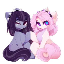Size: 1721x1705 | Tagged: safe, artist:kisselmr, artist:xsatanielx, derpibooru import, oc, oc:violet love, oc:violet moonlight, unofficial characters only, pony, derpibooru community collaboration, 2023 community collab, derpibooru exclusive, duo, female, image, png, simple background, transparent background