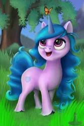 Size: 960x1440 | Tagged: safe, artist:ukon vasara, artist:ukon-vasara, artist:ukonvasara89, derpibooru import, izzy moonbow, butterfly, insect, pony, unicorn, g5, image, png, smiling, solo