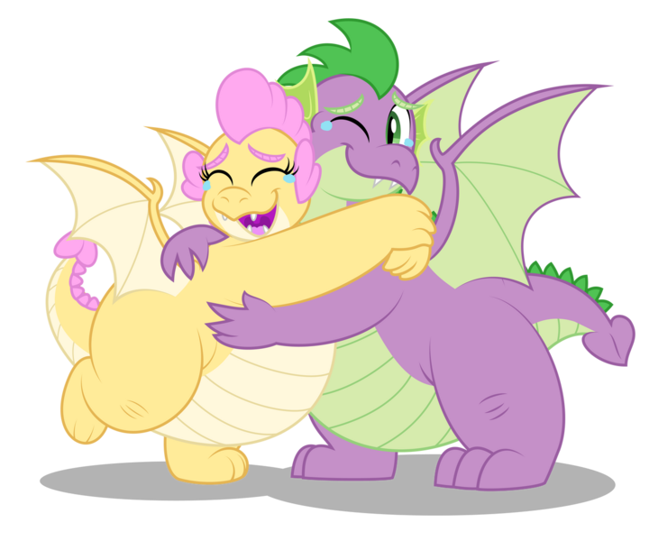 Size: 1280x1067 | Tagged: safe, artist:aleximusprime, derpibooru import, spike, oc, oc:buttercream the dragon, dragon, fanfic:go north young dragon, flurry heart's story, aleximusprime is trying to murder us, brother and sister, crying, dragoness, duo, duo male and female, eyes closed, fangs, fat, fat spike, female, hug, image, male, older, older spike, one eye closed, open mouth, open smile, png, reunion, siblings, simple background, smiling, spread wings, standing, standing on one leg, tears of joy, transparent background, wholesome, wings