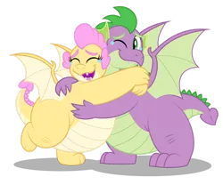Size: 1280x1067 | Tagged: safe, artist:aleximusprime, derpibooru import, spike, oc, oc:buttercream the dragon, dragon, fanfic:go north young dragon, flurry heart's story, aleximusprime is trying to murder us, brother and sister, crying, dragoness, duo, duo male and female, eyes closed, fangs, fat, fat spike, female, hug, image, male, older, older spike, one eye closed, open mouth, open smile, png, reunion, siblings, simple background, smiling, spread wings, standing, standing on one leg, tears of joy, transparent background, wholesome, wings