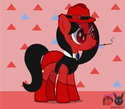 Size: 1842x1600 | Tagged: safe, artist:wheatley r.h., derpibooru import, oc, oc:red widow, unofficial characters only, earth pony, pony, cigarette, cigarette holder, derpibooru exclusive, eyeshadow, female, gem, glasses, hat, image, jewelry, jpeg, long hair, makeup, mare, necklace, simple background, slit pupils, smoking, solo, vector, watermark
