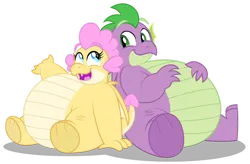 Size: 1280x839 | Tagged: safe, artist:aleximusprime, derpibooru import, spike, oc, oc:buttercream the dragon, dragon, fanfic:go north young dragon, flurry heart's story, belly, big belly, brother and sister, dragoness, duo, duo male and female, fangs, fat, fat spike, female, image, looking at each other, looking at someone, male, older, older spike, open mouth, open smile, png, siblings, simple background, sitting, smiling, transparent background