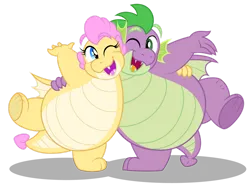 Size: 1280x951 | Tagged: safe, artist:aleximusprime, derpibooru import, spike, oc, oc:buttercream the dragon, dragon, fanfic:go north young dragon, flurry heart's story, brother and sister, crying, dragoness, duo, duo male and female, fangs, fat, fat spike, female, hug, image, looking at each other, looking at someone, male, older, older spike, open mouth, open smile, png, siblings, simple background, smiling, standing, standing on one leg, tears of joy, transparent background