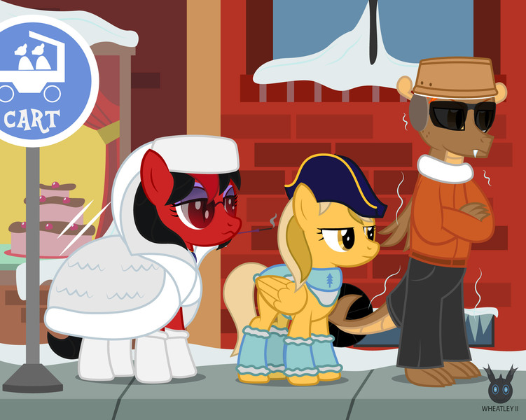 Size: 2003x1600 | Tagged: safe, artist:wheatley r.h., derpibooru import, oc, oc:captain price, oc:red widow, oc:tyoon, unofficial characters only, dragon, earth pony, pegasus, pony, beret, bus stop, cake, captain hat, cigarette, cigarette holder, clothes, cold, derpibooru exclusive, dragon oc, eyeshadow, female, food, fur coat, gem, glasses, hat, image, jacket, jewelry, jpeg, makeup, male, manehattan, mare, necklace, non-pony oc, pegasus oc, pony oc, scarf, slit pupils, smoking, snow, street, unamused, vector, watermark, wings, winter hat, winter outfit