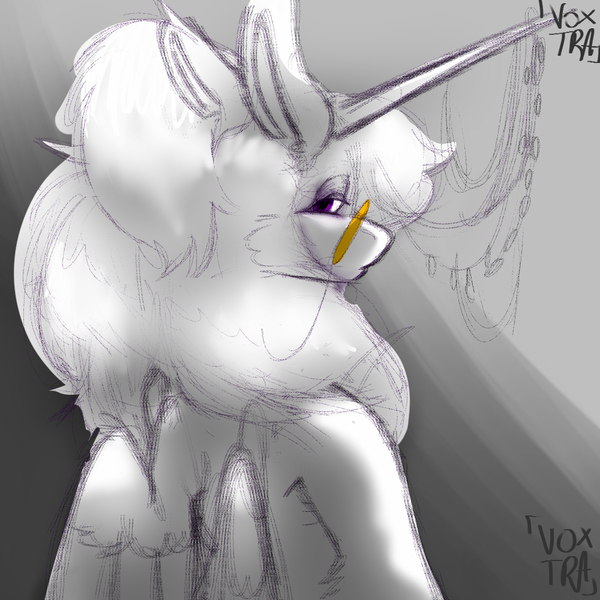 Size: 1000x1000 | Tagged: safe, alternate version, artist:voxtra, derpibooru import, oc, unofficial characters only, alicorn, alicorn oc, fantasy, gold glasses, gray background, harsh lighting, horix harleen, horn, horn jewelry, image, jewelry, jpeg, large horn, looking at you, looking back, looking back at you, purple eyes, purple hair, purple mane, sfw, simple background, sketch, sketch dump, solo, spread wings, upset, white coat, wings