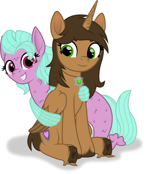 Size: 2751x3268 | Tagged: safe, artist:kitana762, derpibooru import, oc, oc:coral spice, oc:kitana, unofficial characters only, alicorn, merpony, pony, derpibooru community collaboration, 2023 community collab, clothes, duo, image, jewelry, necklace, png, see-through, simple background, smiling
