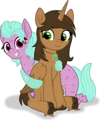 Size: 2751x3268 | Tagged: safe, artist:kitana762, derpibooru import, oc, oc:coral spice, oc:kitana, unofficial characters only, alicorn, merpony, pony, derpibooru community collaboration, 2023 community collab, clothes, duo, image, jewelry, necklace, png, see-through, simple background, smiling