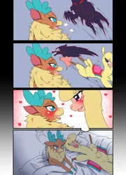 Size: 3732x5197 | Tagged: safe, artist:abyssalrabbit, derpibooru import, paprika paca, velvet reindeer, alpaca, deer, reindeer, wolf, them's fightin' herds, 4 panel comic, bed, blood, blushing, comic, community related, dream, eye contact, female, fluffers, heart, image, kicking, lesbian, looking at each other, looking at someone, no dialogue, open mouth, paprika (tfh), png, shipping, sleeping, smiling, velverika