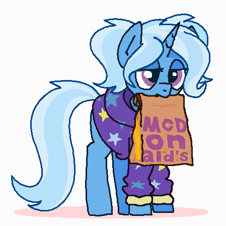 Size: 449x449 | Tagged: safe, artist:kleyime, derpibooru import, trixie, pony, unicorn, alternate hairstyle, babysitter trixie, clothes, derpibooru exclusive, female, food, hoodie, image, lidded eyes, mare, mcdonald's, mouth hold, png, simple background, solo, tired, white background