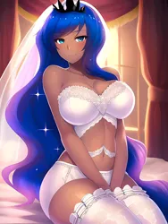 Size: 1020x1360 | Tagged: suggestive, derpibooru import, editor:sammykun, machine learning generated, novelai, stable diffusion, princess luna, human, equestria girls, bed, breasts, bridal lingerie, busty princess luna, clothes, crown, curtains, dark skin, female, humanized, image, jewelry, lingerie, looking at you, png, regalia, sexy, smiling, smiling at you, solo, solo female, thighs, underwear, wedding veil, white underwear, window