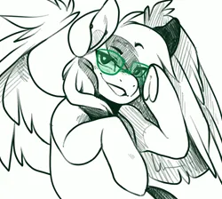 Size: 3000x2685 | Tagged: safe, artist:koboldcourier, derpibooru import, oc, oc:ender, pegasus, pony, bust, cute, eyebrows, glasses, image, looking at you, male, monochrome, pegasus oc, pen drawing, png, portrait, raised eyebrow, sketch, smiling, smiling at you, solo, spread wings, stallion, sunglasses, traditional art, wings