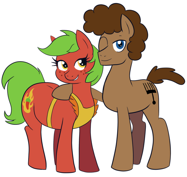 Size: 2305x2185 | Tagged: safe, artist:feralroku, derpibooru import, oc, oc:cayenne, oc:strong runner, unofficial characters only, earth pony, pony, derpibooru community collaboration, 2023 community collab, apron, chubby, clothes, duo, female, freckles, hug, image, male, mare, one eye closed, png, simple background, smiling, stallion, transparent background, wink