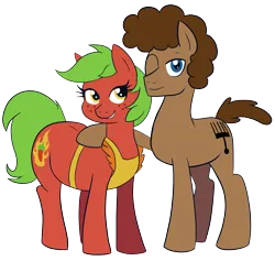 Size: 2305x2185 | Tagged: safe, artist:feralroku, derpibooru import, oc, oc:cayenne, oc:strong runner, unofficial characters only, earth pony, pony, derpibooru community collaboration, 2023 community collab, apron, chubby, clothes, duo, female, freckles, hug, image, male, mare, one eye closed, png, simple background, smiling, stallion, transparent background, wink