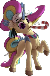 Size: 975x1477 | Tagged: safe, artist:calena, derpibooru import, oc, oc:trinity deblanc (new), unofficial characters only, pony, unicorn, derpibooru community collaboration, 2023 community collab, candy, candy cane, crystal, crystal horn, cute, food, horn, image, jewelry, looking at you, multicolored hair, png, raised hoof, simple background, solo, transparent background, unicorn oc
