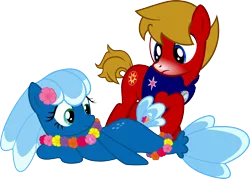 Size: 1200x861 | Tagged: safe, derpibooru import, oc, oc:max mustang, oc:sea foam ep, unofficial characters only, earth pony, pony, derpibooru community collaboration, 2023 community collab, armor node, clothes, earth pony oc, female, flower, flower on ear, image, lei, lying down, male, mare, pearl fragment, png, seaponified, side, simple background, snow tip nose, species swap, stallion, surprised, transparent background, vest
