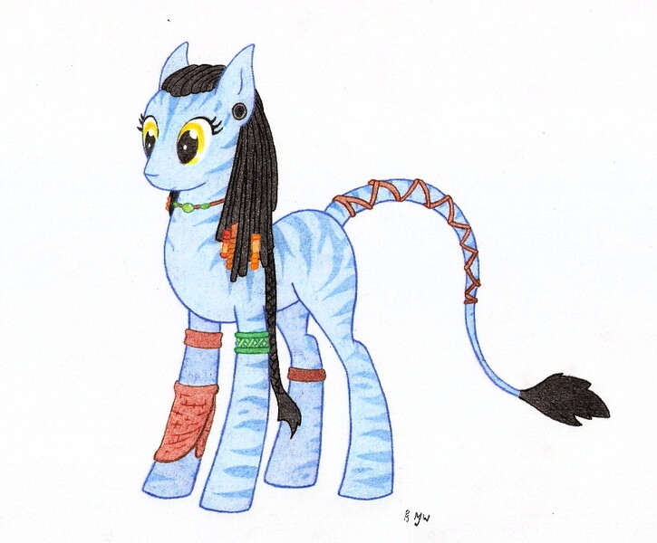 Size: 902x746 | Tagged: safe, artist:phillo5, derpibooru import, ponified, alien, alien pony, na'vi, pony, female, image, james cameron's avatar, jpeg, mare, neytiri, stripes, traditional art