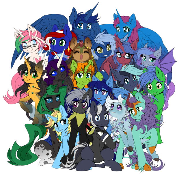 Size: 4261x4124 | Tagged: safe, artist:st. oni, derpibooru import, oc, oc:anima, oc:arc pyre, oc:coco chaude, oc:frostfall, oc:helium star, oc:lady foxtrot, oc:liondrome, oc:ryonia coruscare, oc:searing cold, oc:silver wing (batpony), oc:skitty, oc:skydreams, oc:sparky showers, oc:star thistle, oc:starveon, oc:staticspark, oc:stormy skies, oc:way right, unofficial characters only, alicorn, bat pony, changeling, deer, earth pony, goo, goo pony, kirin, original species, pegasus, unicorn, derpibooru community collaboration, 2023 community collab, clothes, colored, cucumber, flat colors, food, horns, image, looking at you, png, simple background, sitting, smiling, spread wings, suit, transparent background, waving, wings