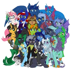 Size: 4261x4124 | Tagged: safe, artist:st. oni, derpibooru import, oc, oc:anima, oc:arc pyre, oc:coco chaude, oc:frostfall, oc:helium star, oc:lady foxtrot, oc:liondrome, oc:ryonia coruscare, oc:searing cold, oc:silver wing (batpony), oc:skitty, oc:skydreams, oc:sparky showers, oc:star thistle, oc:starveon, oc:staticspark, oc:stormy skies, oc:way right, unofficial characters only, alicorn, bat pony, changeling, deer, earth pony, goo, goo pony, kirin, original species, pegasus, unicorn, derpibooru community collaboration, 2023 community collab, clothes, colored, cucumber, flat colors, food, horns, image, looking at you, png, simple background, sitting, smiling, spread wings, suit, transparent background, waving, wings