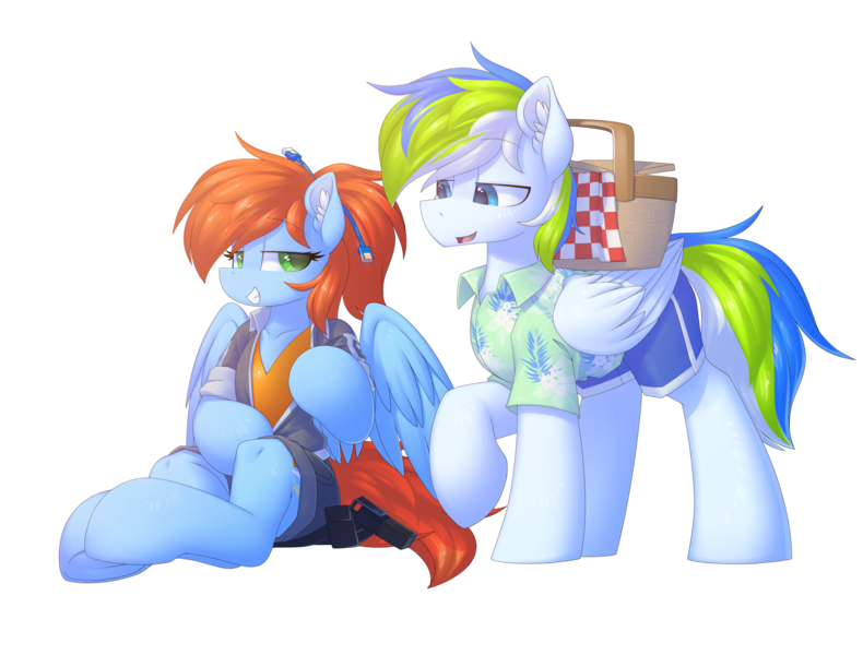 Size: 2160x1641 | Tagged: safe, artist:movieskywalker, derpibooru import, oc, oc:morning star, oc:rain bow, unofficial characters only, pegasus, pony, derpibooru community collaboration, 2023 community collab, basket, blue skin, clothes, derpibooru exclusive, duo, enclave, female, green eyes, image, looking at each other, looking at someone, male, multicolored hair, orange hair, pegasus oc, picnic basket, png, simple background, sitting, smiling, smiling at each other, spread wings, swimsuit, transparent background, wings