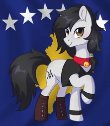Size: 1266x1444 | Tagged: safe, artist:skysorbett, derpibooru import, oc, oc:double m, unofficial characters only, earth pony, pony, bell, bell collar, black mane, black tail, boots, brown eyes, clothes, collar, earth pony oc, flag, image, jacket, kosovan flag, kosovo, looking at you, male, png, shoes, smiling, smiling at you, solo, stallion, tail, white coat