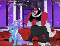 Size: 1000x766 | Tagged: safe, artist:voiceactorbobbyg25, derpibooru import, lord tirek, trixie, centaur, pony, taur, unicorn, alternate universe, bracer, cape, clothes, cloven hooves, colored hooves, duo, female, hat, image, male, mare, nose piercing, nose ring, piercing, png