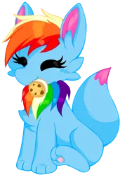 Size: 820x1200 | Tagged: safe, artist:rainbow eevee, derpibooru import, oc, oc:rainbow eevee, eevee, pony, derpibooru community collaboration, 2023 community collab, cheek fluff, chest fluff, colorful, cookie, cute, eating, eyelashes, eyes closed, female, food, ice cream, image, mouth hold, multicolored hair, nom, paw pads, png, pokémon, rainbow hair, simple background, sitting, solo, transparent background, vector