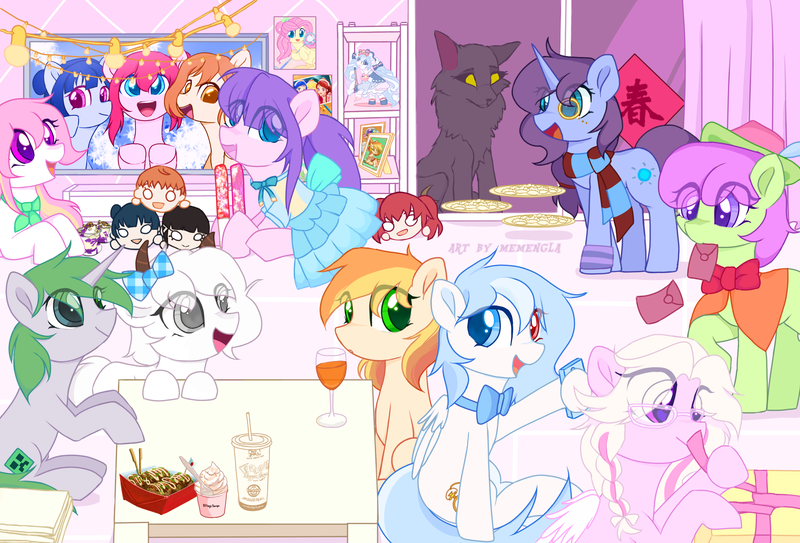 Size: 4075x2764 | Tagged: safe, artist:memengla, derpibooru import, oc, oc:memengla, earth pony, pegasus, pony, unicorn, group photo, image, lovelive, png