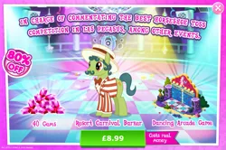 Size: 1958x1302 | Tagged: safe, derpibooru import, official, sideshow slim, earth pony, pony, advertisement, background character, background pony, bowtie, bush, clothes, costs real money, dance dance revolution, english, facial hair, gameloft, gem, hat, image, jpeg, male, mobile game, moustache, my little pony: magic princess, numbers, sale, solo, solo focus, speaker, stallion, text