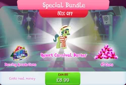 Size: 1267x854 | Tagged: safe, derpibooru import, official, sideshow slim, earth pony, pony, background character, background pony, bowtie, bundle, bush, clothes, costs real money, dance dance revolution, english, facial hair, gameloft, gem, hat, image, jpeg, male, mobile game, moustache, my little pony: magic princess, numbers, sale, solo, solo focus, speaker, stallion, text