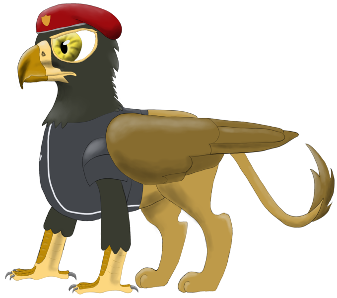 Size: 2403x2124 | Tagged: safe, artist:jack-varus, derpibooru import, oc, oc:sion, unofficial characters only, gryphon, derpibooru community collaboration, 2023 community collab, cap, griffon oc, hat, image, mercenary, png, simple background, solo, talons, transparent background