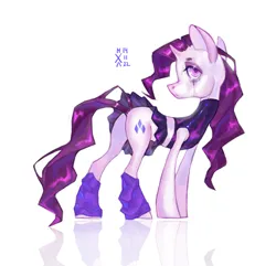 Size: 4505x4346 | Tagged: safe, artist:kisullkaart, derpibooru import, rarity, pony, unicorn, butt, clothes, cutie mark, eyeshadow, female, horn, image, latex, leg warmers, looking back, makeup, mare, pink eyes, pleated skirt, plot, png, purple eyeshadow, purple mane, purple tail, reflection, running makeup, sad, shy, side view, signature, simple background, skirt, small horn, solo, white background, white coat