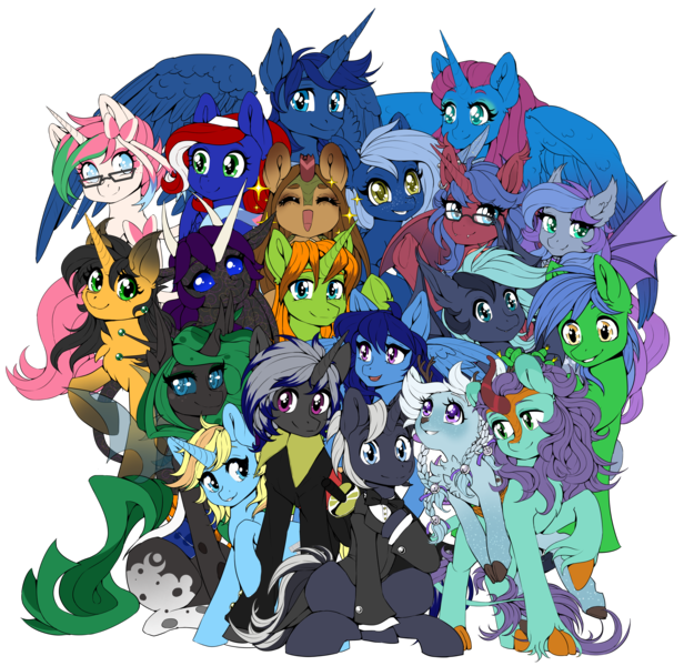 Size: 4221x4114 | Tagged: safe, artist:st. oni, derpibooru import, oc, oc:anima, oc:arc pyre, oc:coco chaude, oc:frostfall, oc:helium star, oc:lady foxtrot, oc:ryonia coruscare, oc:searing cold, oc:silver wing (batpony), oc:skitty, oc:skydreams, oc:sparky showers, oc:star thistle, oc:starveon, oc:staticspark, oc:stormy skies, oc:way right, unofficial characters only, alicorn, bat pony, changeling, deer, earth pony, goo, goo pony, kirin, original species, pegasus, pony, unicorn, derpibooru community collaboration, 2023 community collab, clothes, colored, cucumber, flat colors, food, horns, image, looking at you, png, simple background, sitting, smiling, spread wings, suit, transparent background, waving, wings