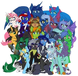 Size: 4221x4114 | Tagged: safe, artist:st. oni, derpibooru import, oc, oc:anima, oc:arc pyre, oc:coco chaude, oc:frostfall, oc:helium star, oc:lady foxtrot, oc:ryonia coruscare, oc:searing cold, oc:silver wing (batpony), oc:skitty, oc:skydreams, oc:sparky showers, oc:star thistle, oc:starveon, oc:staticspark, oc:stormy skies, oc:way right, unofficial characters only, alicorn, bat pony, changeling, deer, earth pony, goo, goo pony, kirin, original species, pegasus, pony, unicorn, derpibooru community collaboration, 2023 community collab, clothes, colored, cucumber, flat colors, food, horns, image, looking at you, png, simple background, sitting, smiling, spread wings, suit, transparent background, waving, wings