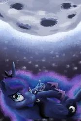 Size: 1000x1500 | Tagged: safe, artist:zvuki, derpibooru import, princess luna, pony, image, moon, png, space, thumbs up