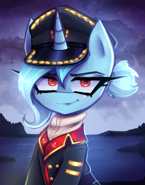 Size: 2161x2745 | Tagged: safe, artist:opal_radiance, derpibooru import, oc, unnamed oc, unofficial characters only, pony, unicorn, clothes, eaw, eyebrows, female, hat, high res, horn, image, karina, looking at you, mare, military uniform, png, smiling, smiling at you, smirk, solo, staliongrad, unicorn oc, uniform