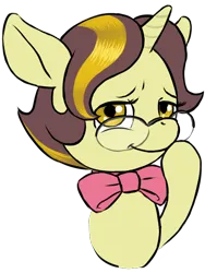 Size: 540x720 | Tagged: safe, artist:multiverseequine, derpibooru import, oc, oc:golden trim, unofficial characters only, pony, unicorn, boop, bowtie, bust, colt, cute, derpibooru exclusive, foal, glasses, horn, image, male, multicolored hair, pink bow, png, self-boop, simple background, smug, solo, transparent background, unicorn oc, yellow eyes