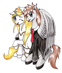 Size: 2013x2366 | Tagged: safe, artist:40kponyguy, derpibooru import, oc, oc:jezza, oc:tecuro, unofficial characters only, pegasus, pony, unicorn, derpibooru community collaboration, 2023 community collab, clothes, derpibooru exclusive, dress, ear fluff, female, horn, hug, image, jacket, jewelry, looking at each other, looking at someone, male, mare, necktie, open mouth, open smile, pegasus oc, png, raised hoof, simple background, smiling, stallion, tiara, traditional art, transparent background, unicorn oc, unshorn fetlocks, wedding dress, wings