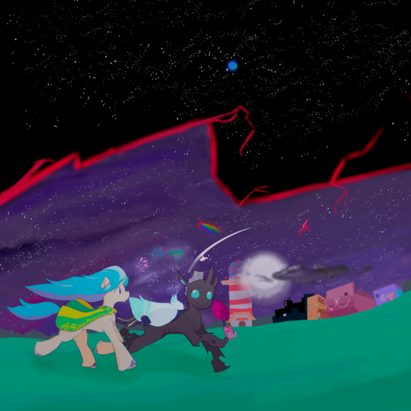 Size: 4096x4096 | Tagged: safe, artist:dariosparks, artist:planetarium, derpibooru import, oc, oc:allegro, oc:peaceful shore, unofficial characters only, changeling, pony, unicorn, accessories, blue mane, cape, changeling oc, clothes, collaboration, female, fireworks, g4, g5, happy, hoof polish, image, kite, lighthouse, long mane, long tail, looking at each other, looking at someone, male, moon, night, planet, png, pony oc, purple sky, rainbow, running, shading, shiny eyes, simple background, smiling, space, sparkly wings, stars, stripes, tail, tree, two toned mane, wings