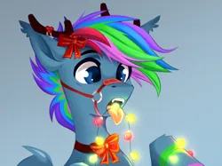 Size: 7559x5669 | Tagged: safe, artist:buvanybu, derpibooru import, oc, oc:fauli, oc:fauli1221, unofficial characters only, bat pony, pegasus, pony, antlers, bow, bridle, christmas, christmas lights, fangs, holiday, image, open mouth, png, reindeer antlers, simple background, solo, tack, this will end in death, this will end in electrocution, this will not end well, tongue out, too dumb to live