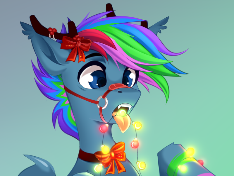 Size: 7559x5669 | Tagged: safe, alternate version, artist:buvanybu, derpibooru import, oc, oc:fauli, oc:fauli1221, unofficial characters only, bat pony, pony, antlers, bow, bridle, christmas, christmas lights, fangs, holiday, image, open mouth, png, reindeer antlers, simple background, solo, tack, this will end in death, this will end in electrocution, this will not end well, tongue out, too dumb to live