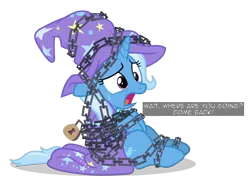 Size: 6400x4781 | Tagged: safe, artist:gypsykumquat, derpibooru import, trixie, comic:trixie tied up with chain, uncommon bond, bondage, cape, chained, clothes, female, hat, image, inkscape, png, simple background, solo, talking to viewer, text, transparent background, trixie's cape, trixie's hat, vector