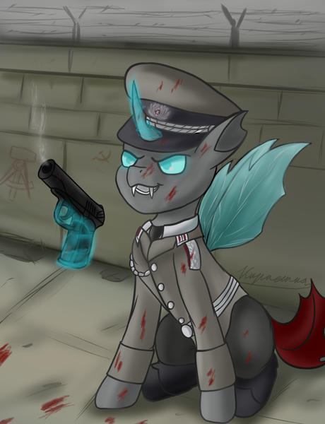 Size: 783x1021 | Tagged: safe, artist:kirieshka, derpibooru import, oc, oc:mader, unofficial characters only, changeling, berlin wall, clothes, cold war, east germany, gdr, german, gun, hat, image, male, military uniform, nva, ostdeutschland, peaked cap, png, sitting, solo, uniform, wall, weapon