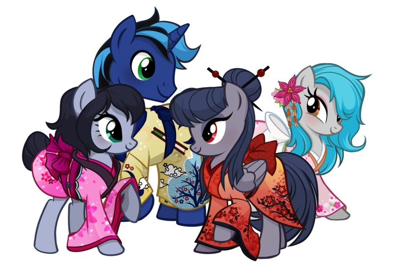 Size: 3843x2600 | Tagged: safe, artist:pandan009, derpibooru import, oc, oc:haisuu gaku, oc:sweet elis, oc:the luna fan, oc:yasei urami, unofficial characters only, earth pony, pegasus, unicorn, derpibooru community collaboration, 2023 community collab, blushing, clothes, derpibooru exclusive, earth pony oc, flower, high res, horn, image, kimono (clothing), looking at each other, looking at someone, pegasus oc, png, ribbon, show accurate, simple background, smiling, transparent background, unicorn oc, wings