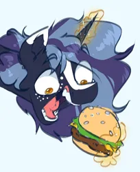 Size: 1404x1724 | Tagged: safe, artist:witchtaunter, derpibooru import, oc, oc:witching hour, pony, unicorn, burger, bust, ear fluff, faic, food, freckles, image, magic, open mouth, png, simple background, sketch, solo, telekinesis, white background, yellow eyes