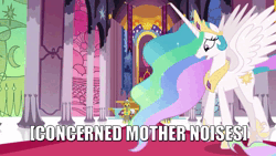 Size: 1280x720 | Tagged: safe, derpibooru import, edit, edited screencap, screencap, pony, unicorn, celestial advice, animated, armor, caption, concerned, crown, discovery family, discovery family logo, female, helmet, hoof shoes, image, image macro, jewelry, logo, male, mare, no sound, open mouth, peytral, regalia, royal guard, royal guard armor, stained glass, stallion, text, throne, throne room, webm