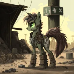Size: 4096x4096 | Tagged: safe, derpibooru import, machine learning generated, midjourney, pony, unicorn, fallout equestria, boots, brown hair, brown mane, clothes, dirty, fallout, green body, green eyes, image, png, post-apocalyptic, shoes, vest, wasteland